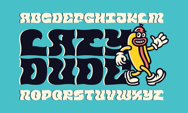 Vector font set with funny cartoon hot dog illustration