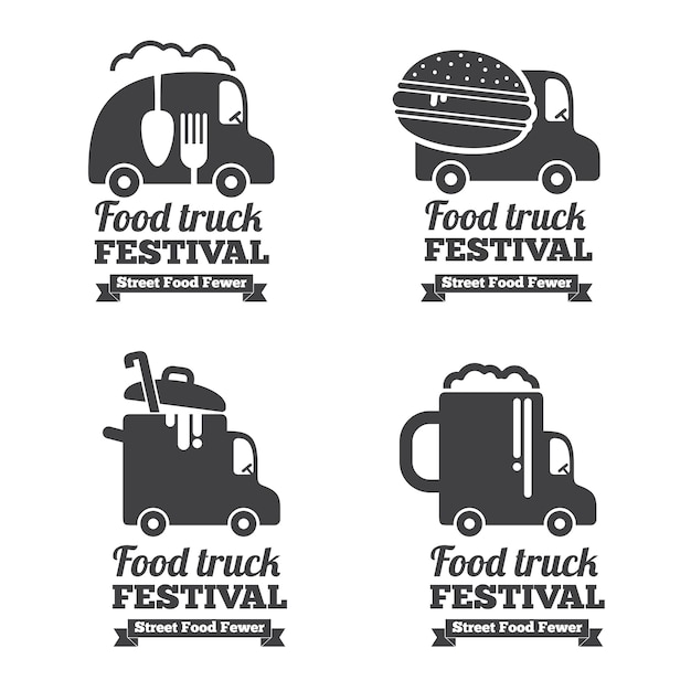 Vector food truck logos, emblems and badges. Label emblem, restaurant and cafe car illustration