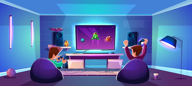 Vector game room with people playing digital entertainment, modern esports concept