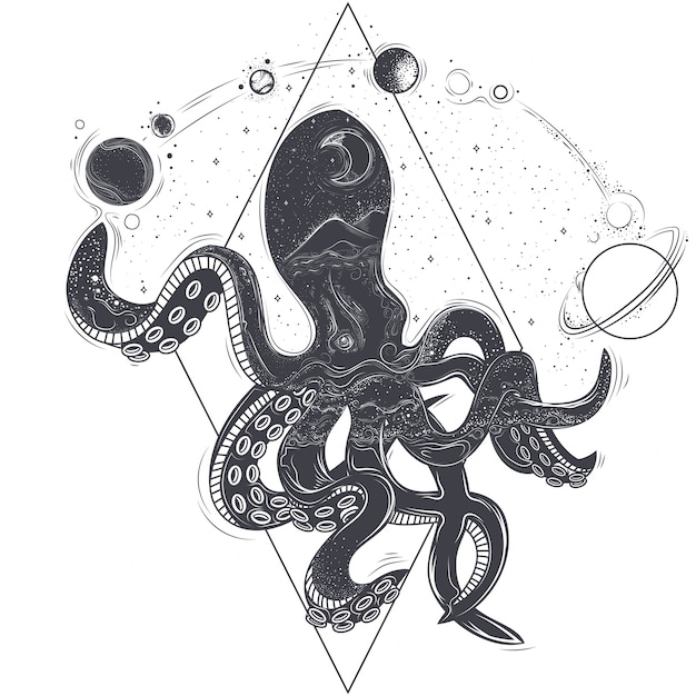 Free Vector vector geometric illustration of an octopus and cosmic planets