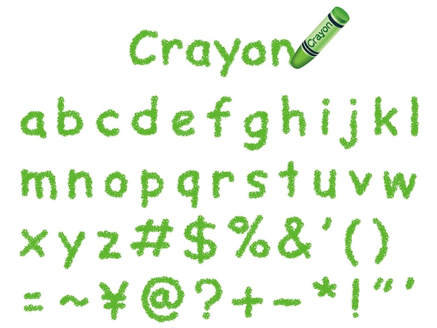 Vector Green Crayon Font Isolated On A White Background. Lower Case And Signs.