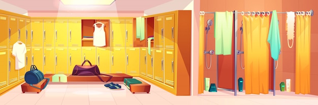 Vector gym interior - changing room with lockers and shower cabins with curtains