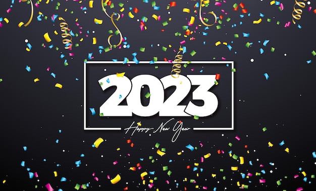 Free vector vector happy new year 2023 illustration with number and falling confetti on dark background