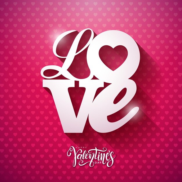 Vector Happy Valentines Day Design with 3d Love Typography Letter on Pink Pattern Background