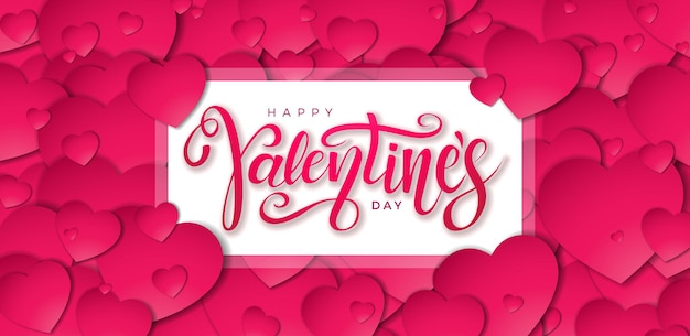 Vector Happy Valentines Day Design with Typography Letter and White Frame on Red Heart Background