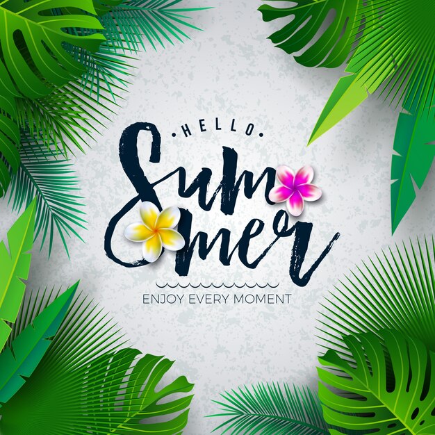 Vector Hello Summer Illustration with Typography Letter and Tropical Palm Leaves