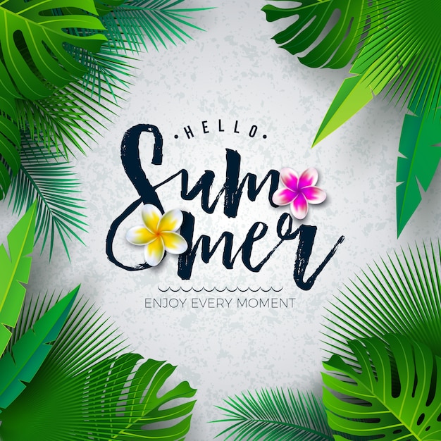 Vector Hello Summer Illustration with Typography Letter and Tropical Palm Leaves