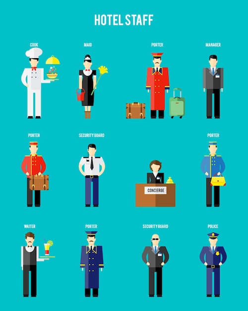 Free Vector vector hotel staff. securityguard and police, receptionist and concierge, porter and waiter