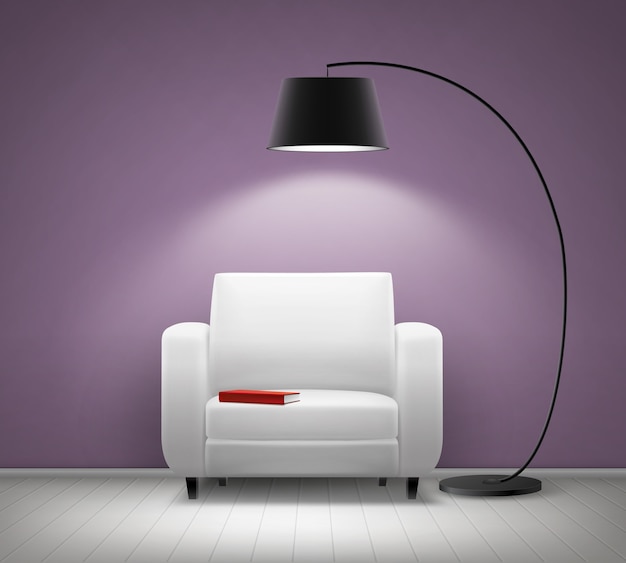 Free Vector vector house interior with white armchair, black floor lamp, red book and violet wall front view