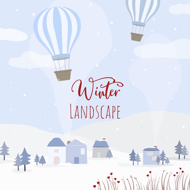 Vector of Houses, balloon and snow-covered forests