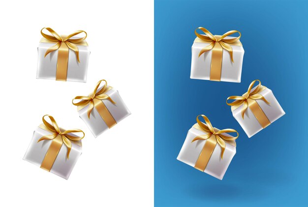 vector icon set Flying white boxes of presents with golden ribbons on a white and blue background