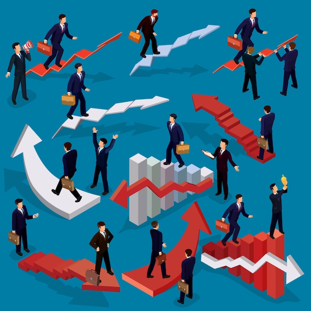 Free vector vector illustration of 3d flat isometric people. concept of business growth, career ladder, the path to success.