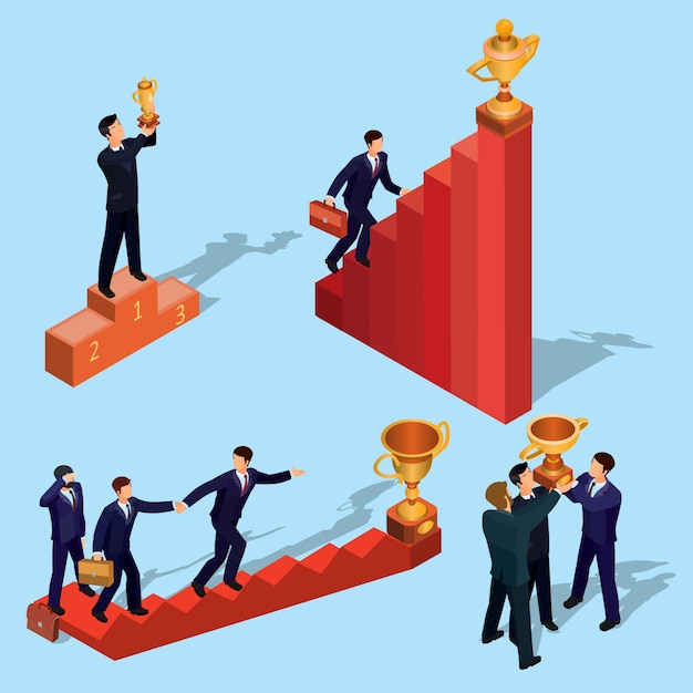 Vector illustration of 3D flat isometric people. Concept of business growth, career ladder, the path to success.