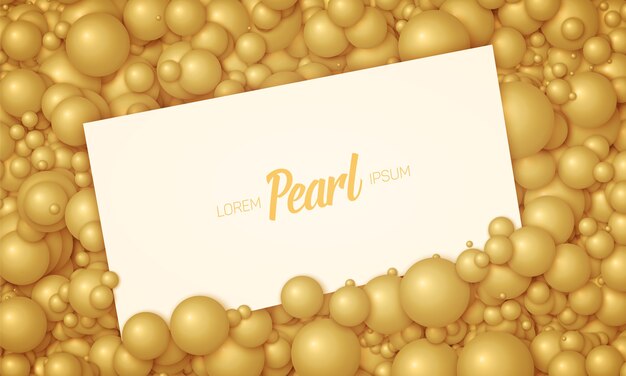 Vector illustration of card placed in golden pearls or spheres. Volumetric randomly distributed balls. Surface constructed from orange balls background. Luxury card mockup, template.