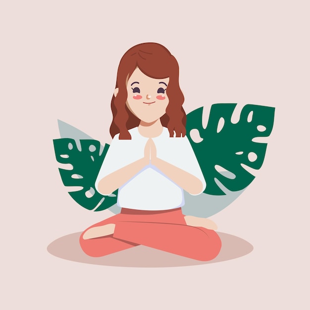 Free Vector vector illustration of cartoon cute girl in yoga character pose for healthy