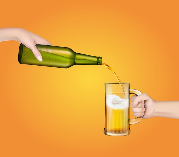 Free Vector vector illustration of a cold barley beer pouring from a bottle into a transparent glass .