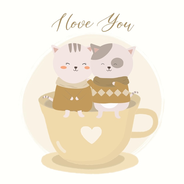 Free Vector vector illustration of couple of cats, tea cup and lettering quote