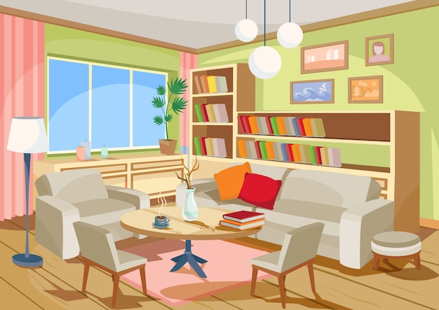 Vector illustration of a cozy cartoon interior of a home room, a living room