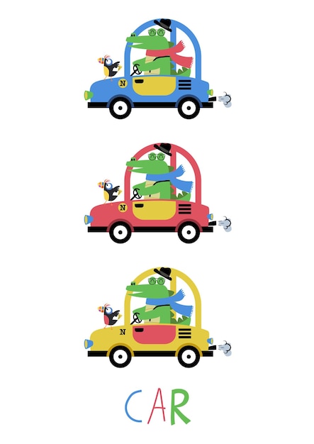 Free Vector vector illustration driving crocodile colorful set