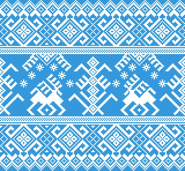 Vector illustration of folk seamless pattern ornament. Ethnic New Year blue ornament with pine trees and deers. Cool ethnic border element