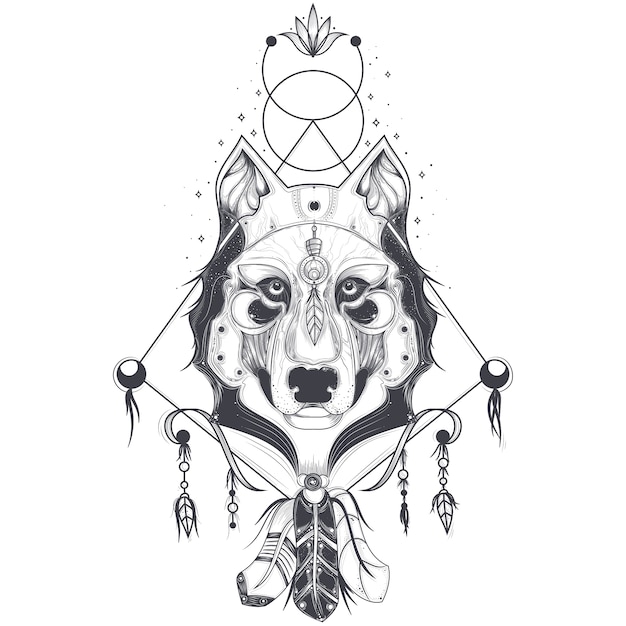 Vector illustration of a front view of a wolf head, geometric sketch of a tattoo