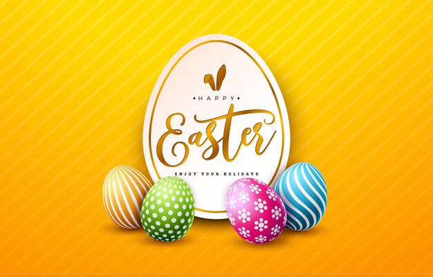 Vector Illustration of Happy Easter Holiday with Painted Egg on Shiny Yellow Background