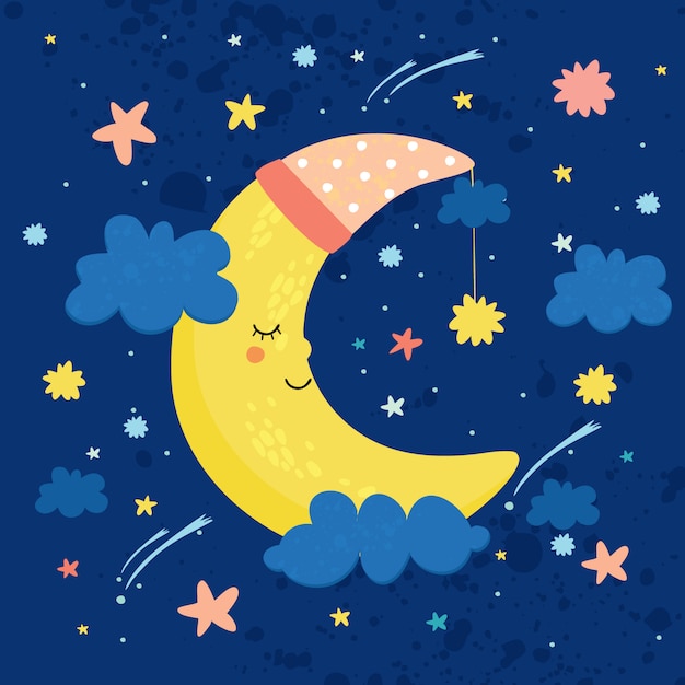 vector illustration the moon in the sky is sleeping. good night