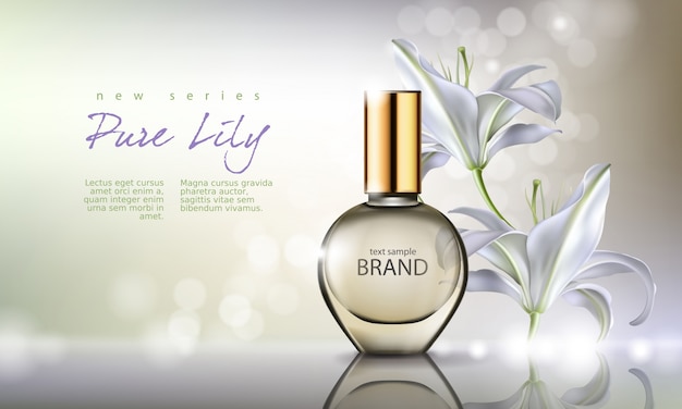 Free Vector vector illustration perfume in a glass bottle on a background with luxurious white lily