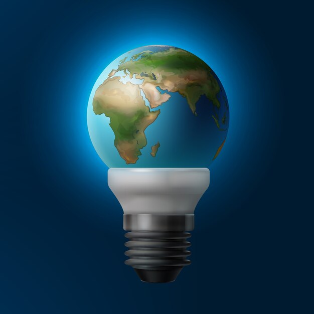 Vector illustration planet Earth inside energy saving lamp isolated on blue background