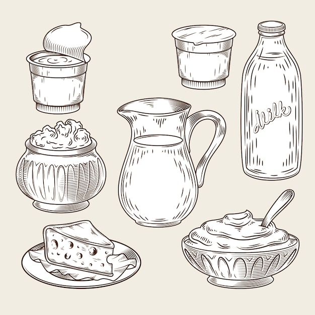 Vector illustration of a set of dairy products in the style of engraving.