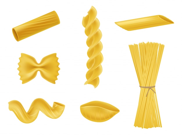 Vector illustration set of realistic icons of dry macaroni, pasta of various kinds