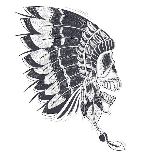 Free Vector vector illustration of a template for a tattoo with a human skull in an indian feather hat.