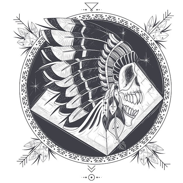 Free vector vector illustration of a template for a tattoo with a human skull in an indian feather hat.