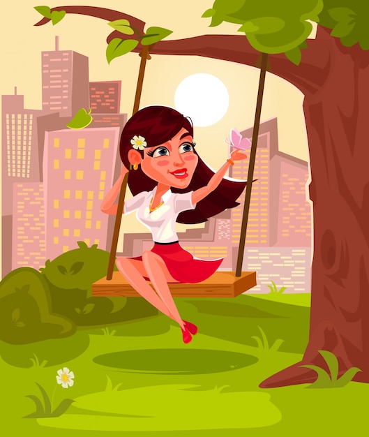 Free Vector vector illustration of a young girl sitting on swing