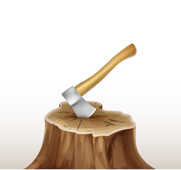 Vector iron axe with brown, ocher wooden handle in stump isolated on white background