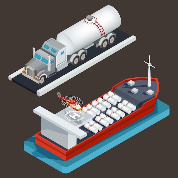 Vector isometric truck with tanker and sea tanker with cargo cistern and helicopter pad.