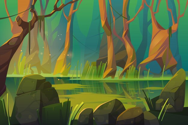 Vector landscape with swamp in tropical forest