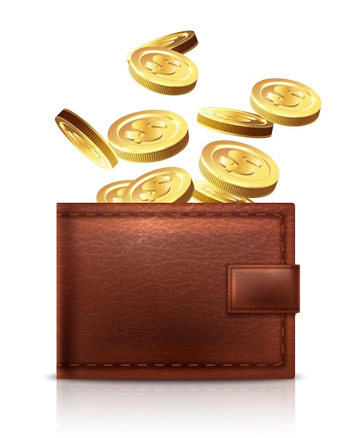 Free Vector vector leather wallet with golden coins falling in it isolated on white background