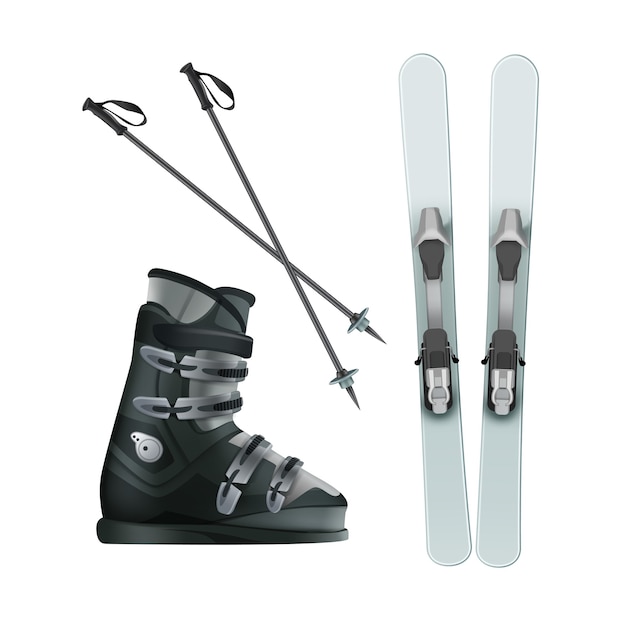 Free Vector vector light blue skis with boots and black sticks top, side view isolated on white background