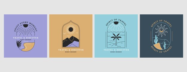 Vector linear boho emblems or travel logos with abstract mountain landscape