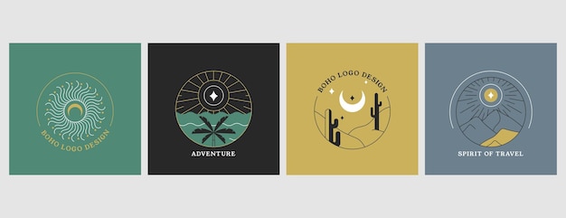 Vector linear boho emblems or travel logos with abstract mountain landscape