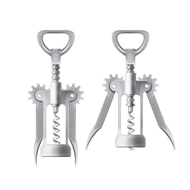 Free Vector vector metal wing corkscrew for opening wine bottles, with levers and gears on white background