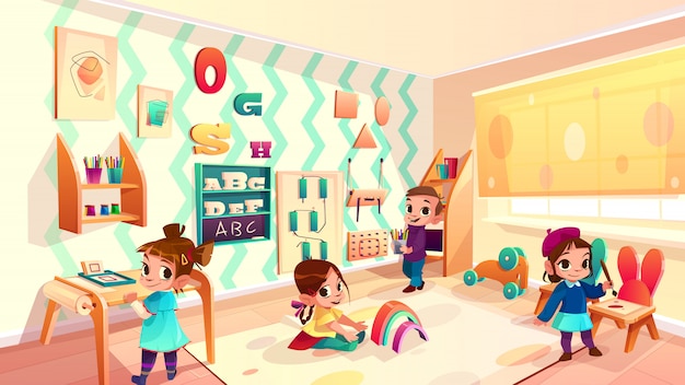 Vector montessori room with children, elementary school background