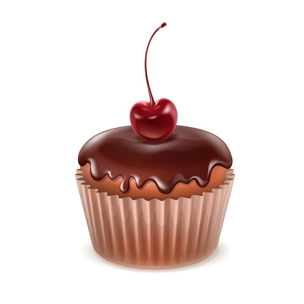 Vector muffin with chocolate icing and cherry close up isolated on white background