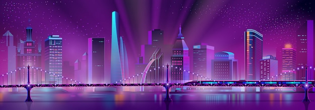 Vector neon megapolis background with speed train