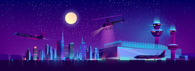 Free Vector vector night airport with plane and helicopter