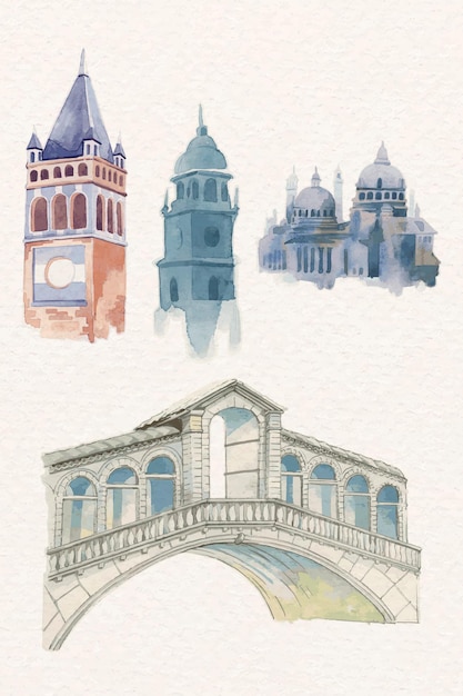 Free vector vector old european architecture watercolor collection