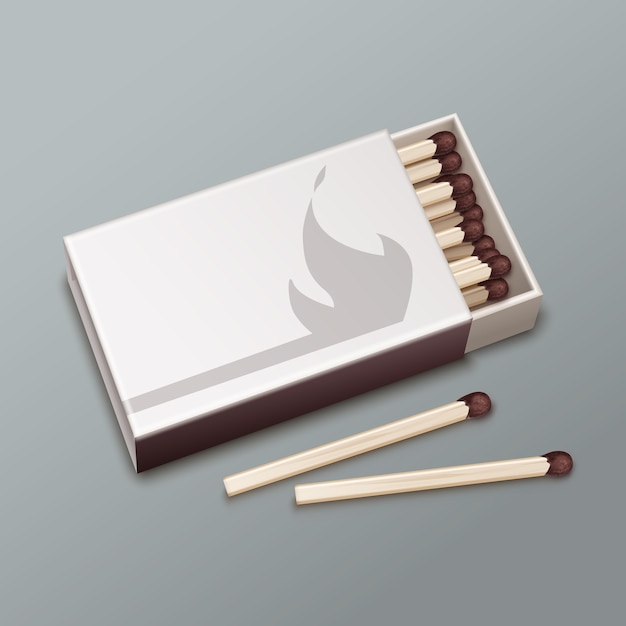 Vector opened box of brown matches isolated on gray background