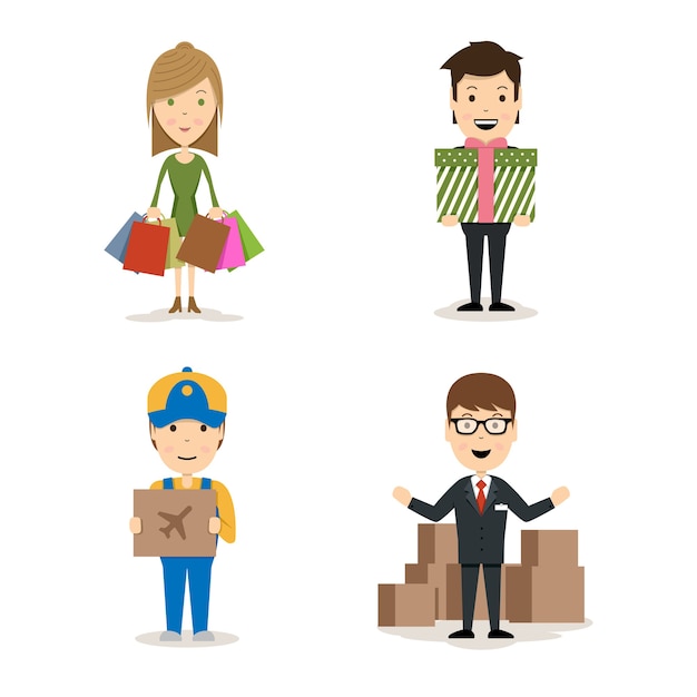 Vector People shopping characters with a woman with bags  a man holding a gift  a deliveryman with an airfreight package  and a salesman doing a promotion of products