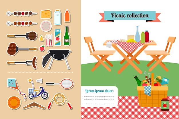 Vector picnic elements collection. Meat and food, hot steak, barbeque and grill